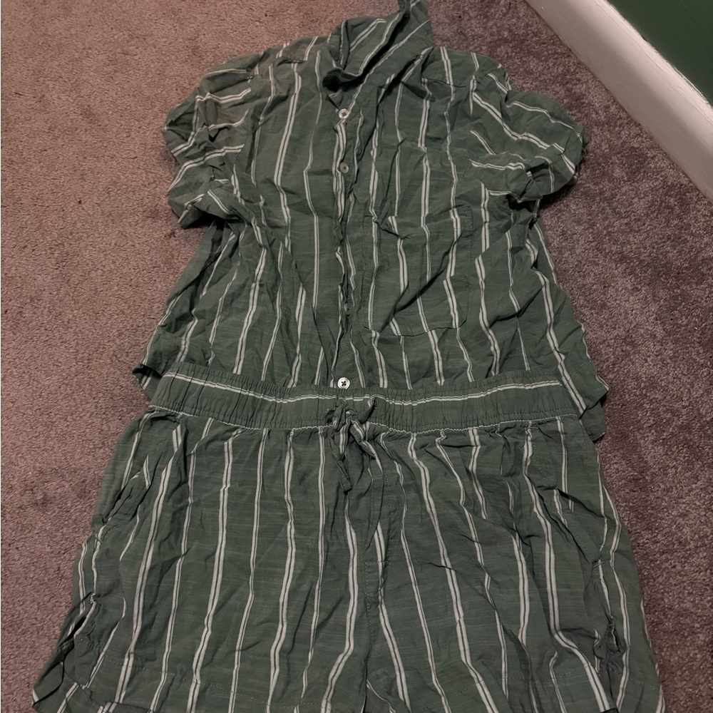 Green Striped Button-Up Romper